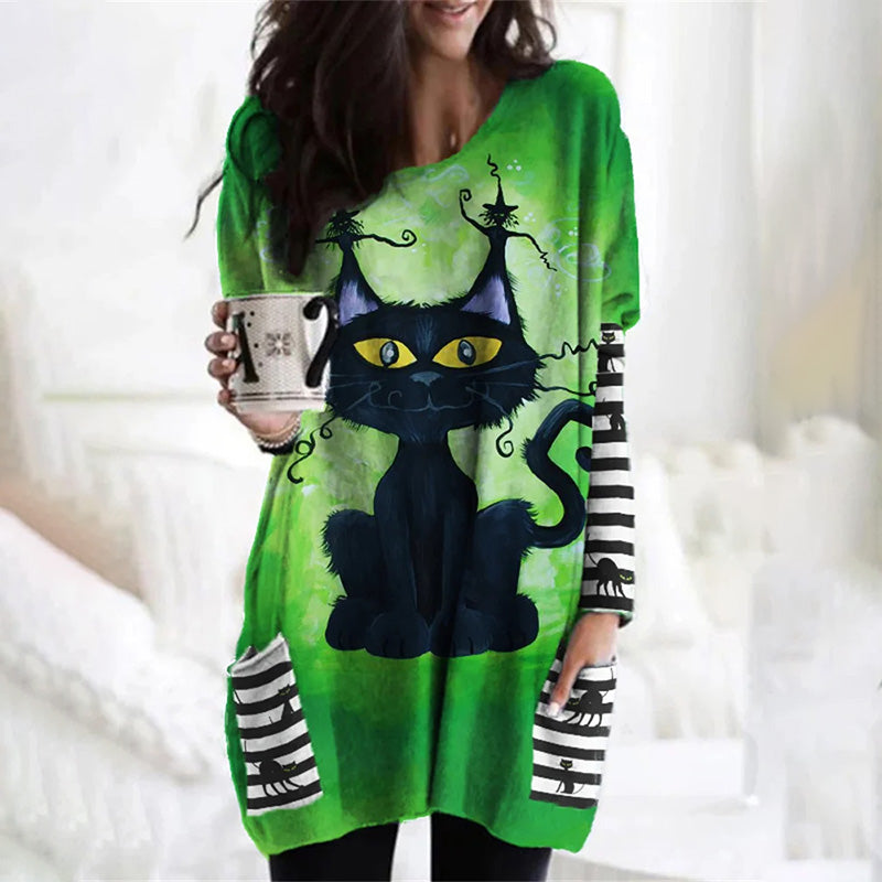 Cat Print Halloween Shirt Dress Green best Best Sellings casual dresses clothes Plus Size Sale short dresses Topseller