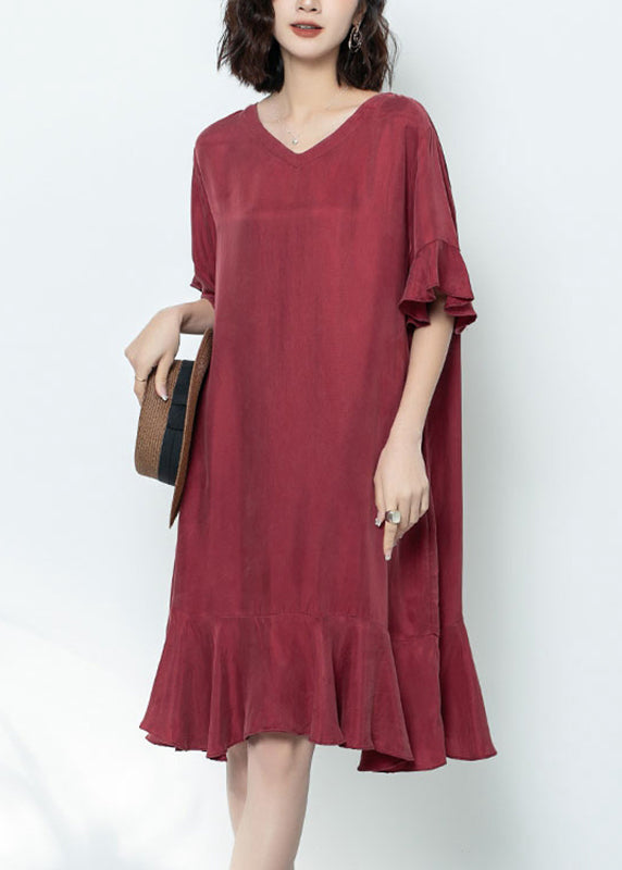 Elegant Mulberry V Neck Ruffled Patchwork Long Dress Summer GH1078 Ada Fashion