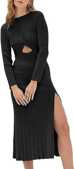 New hollow round neck solid color long sleeve slit knitted ribbed dress White casual dresses clothes dress dresses long dress long sleeve dresses midi dress