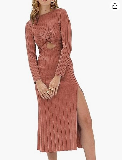 New hollow round neck solid color long sleeve slit knitted ribbed dress Black casual dresses clothes dress dresses long dress long sleeve dresses midi dress