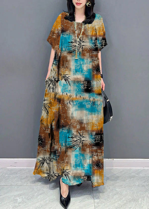 Bohemian black texture O Neck Pockets Print Patchwork Silk Long Dresses Summer TT1032 shopify