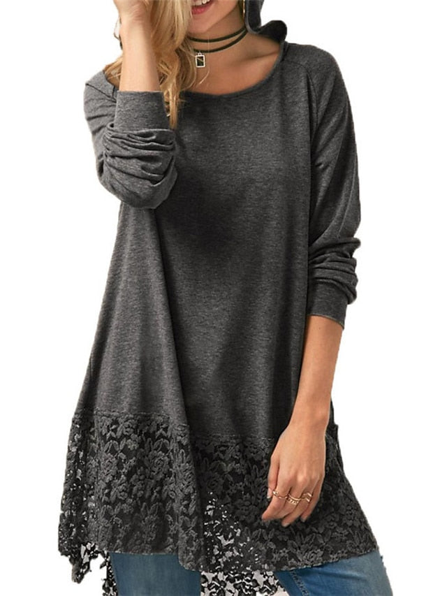 Women's Casual Dress Lace Dress T Shirt Dress Tee Dress Mini Dress Wine Gray Long Sleeve Pure Color Lace Winter Fall Autumn Hooded Vacation Winter Dress Fall Dress Loose Fit 2023 S M L XL - LuckyFash���