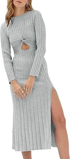 New hollow round neck solid color long sleeve slit knitted ribbed dress Khaki casual dresses clothes dress dresses long dress long sleeve dresses midi dress